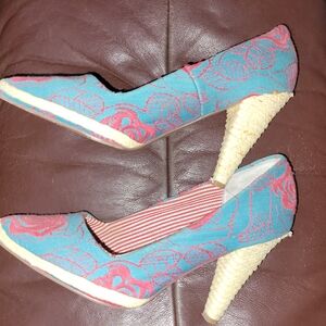 Floral Patterned Heels - Blue and Pink